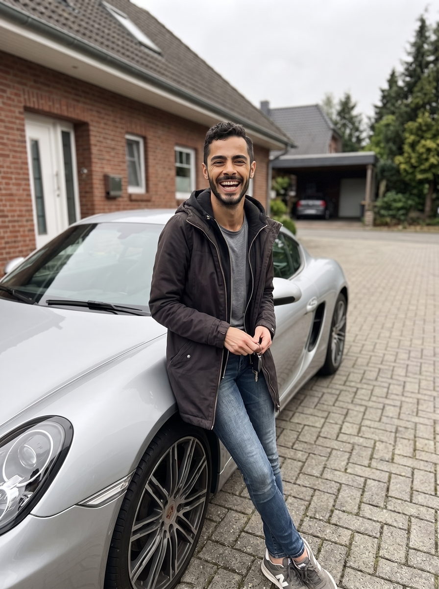 Eren Hoffmann mit Sportwagen vor seiner Villa