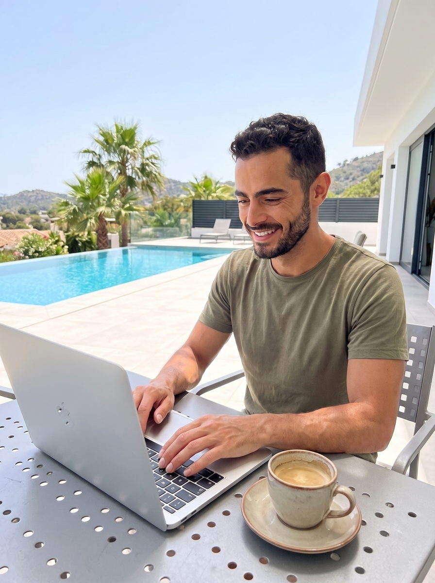 Eren Hoffmann arbeitet am Laptop auf der Terrasse seiner Villa mit Infinity-Pool