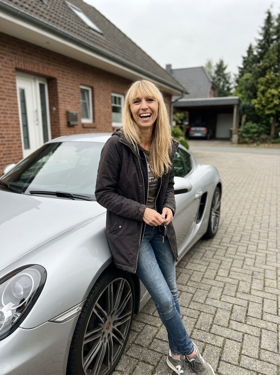 Lena Hoffmann mit Sportwagen vor ihrer Villa